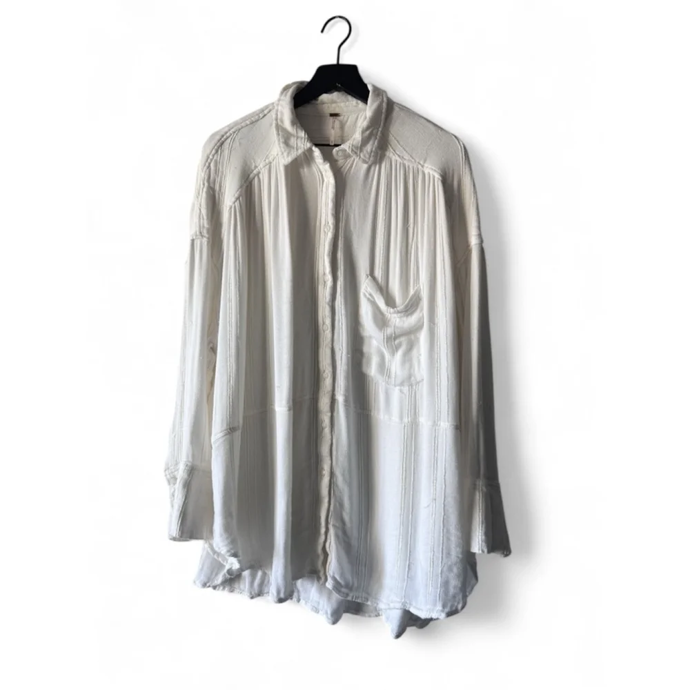 Free People Button-Down Cozy Nights Gauzy Oversized Shirt - Large